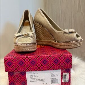 Tory Burch Gold Peep-Toe Wedges